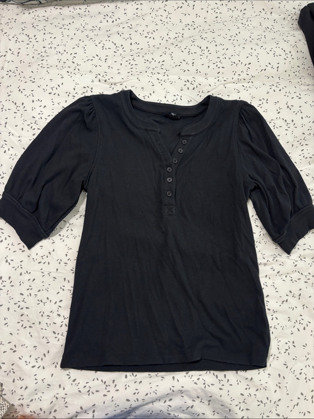 Rails Black Puff-Sleeve Button Henley Top